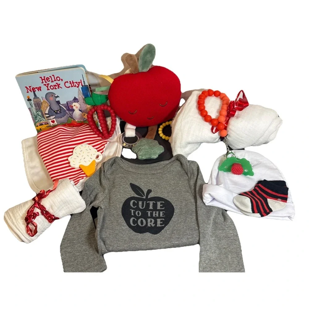 Hello New York City Baby Gift Basket Apple Lovey Teether Blanket Bibs Bodysuit